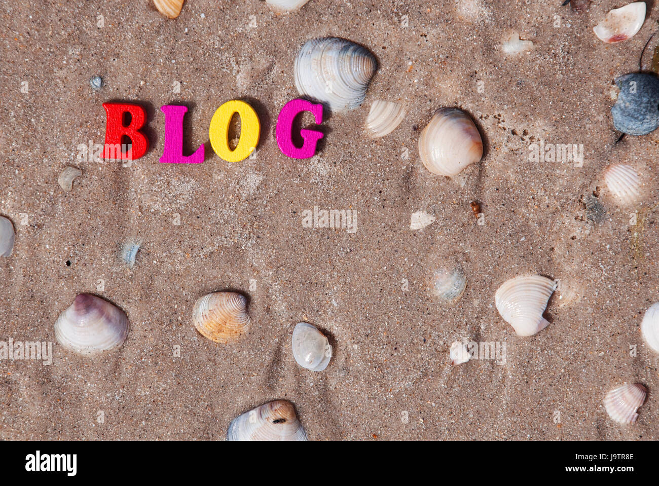 Word blog de lettres en bois multicolores sur le sable avec les coquillages, vue d'en haut Banque D'Images