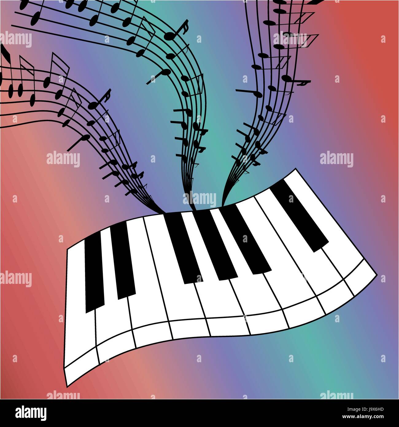 Abstract illustration de touches de piano avec un tourbillon de notes de musique. Illustration de Vecteur