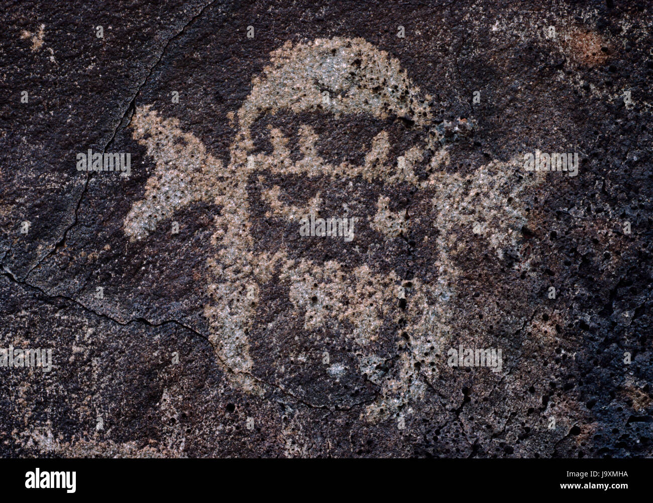 Masque de cérémonie Pueblo sculptés sur le basalte à Boca Negra Canyon, Monument national Petroglyph, Albuquerque, Nouveau Mexique, USA : Rio Grande Style, 1100-1600. Banque D'Images