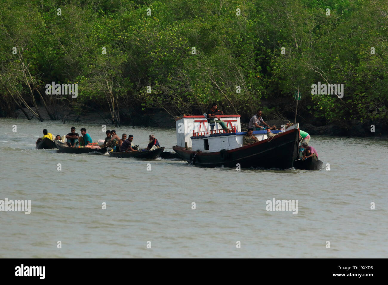 Un chalutier département forestier tire de bateaux collecteurs de miel traditionnel sur la façon de Sundarbans en bateau, Site du patrimoine mondial de l'UNESCO et d'un faune Banque D'Images