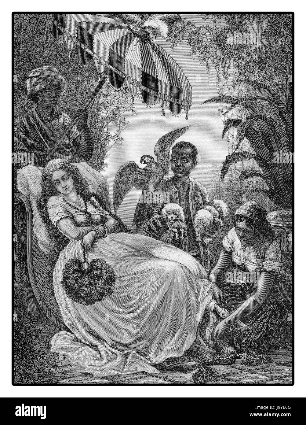 XIX siècle illustration, pause de midi dans une plantation de la Floride : jeune femme dort à l'extérieur sous un parasol entouré par des fonctionnaires Banque D'Images