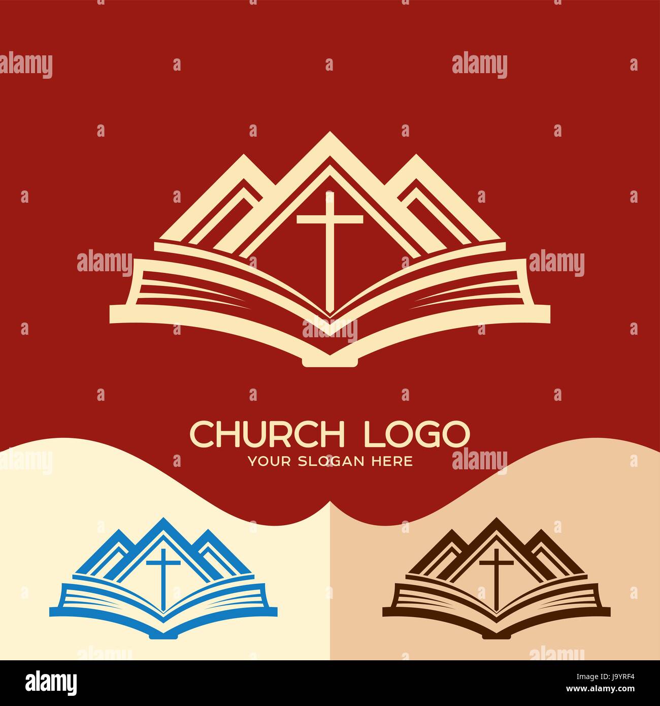 Logo de l'église. Cristian symboles. Croix de Jésus, la Bible et les montagnes Illustration de Vecteur