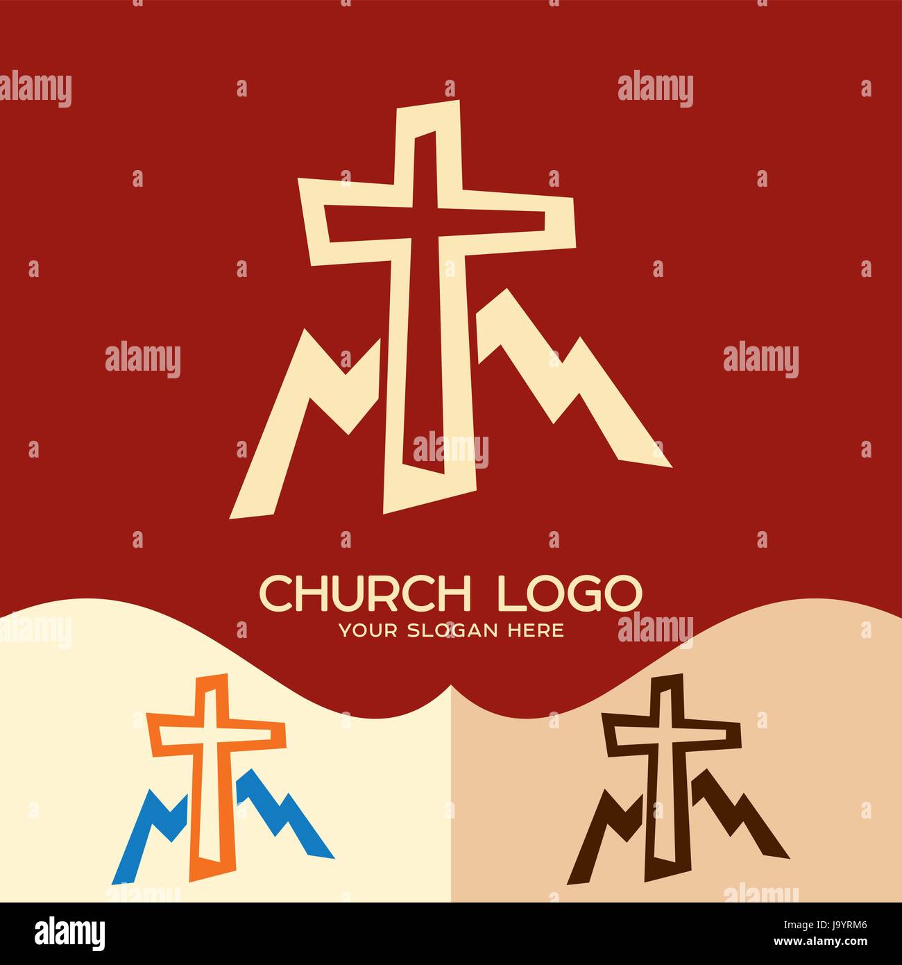 Logo de l'église. Cristian symboles. Croix de Jésus et les montagnes Illustration de Vecteur