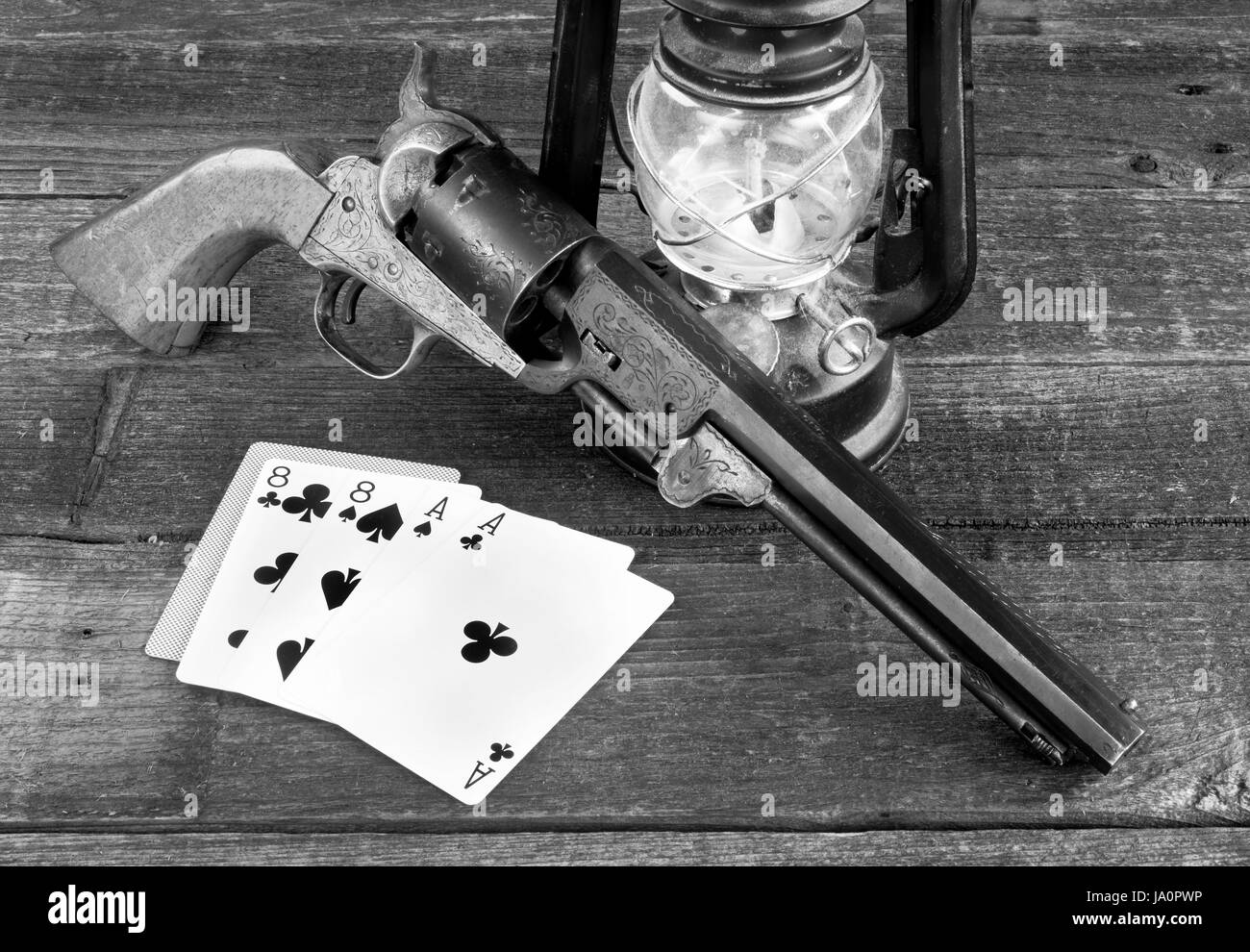 Dead Man's hand , l'ace et huit dans le vieux far west en noir et blanc. Banque D'Images