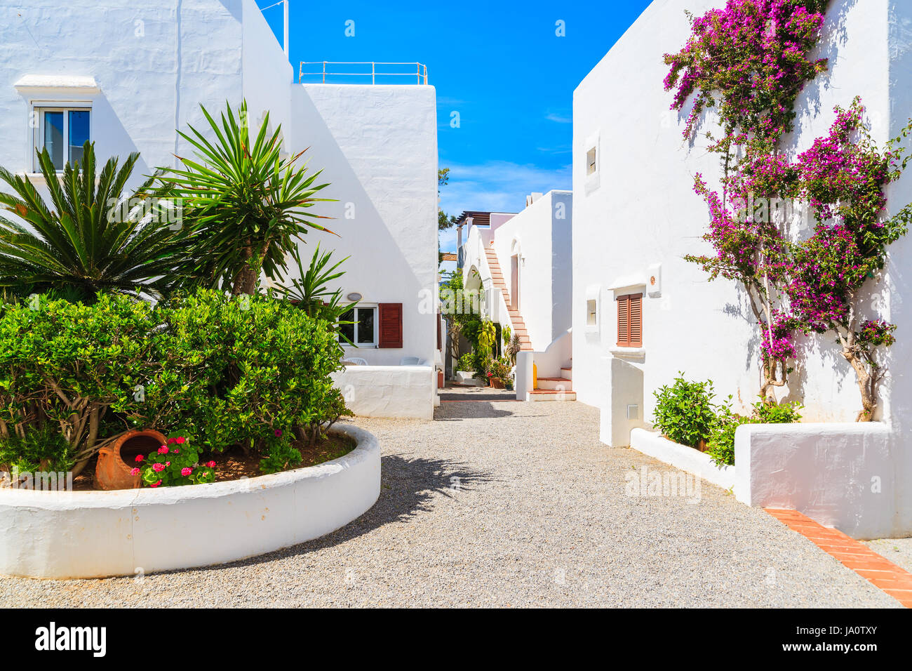 Maisons traditionnelles blanches décorées de fleurs à Portinatx, Ibiza Island Village, Espagne Banque D'Images