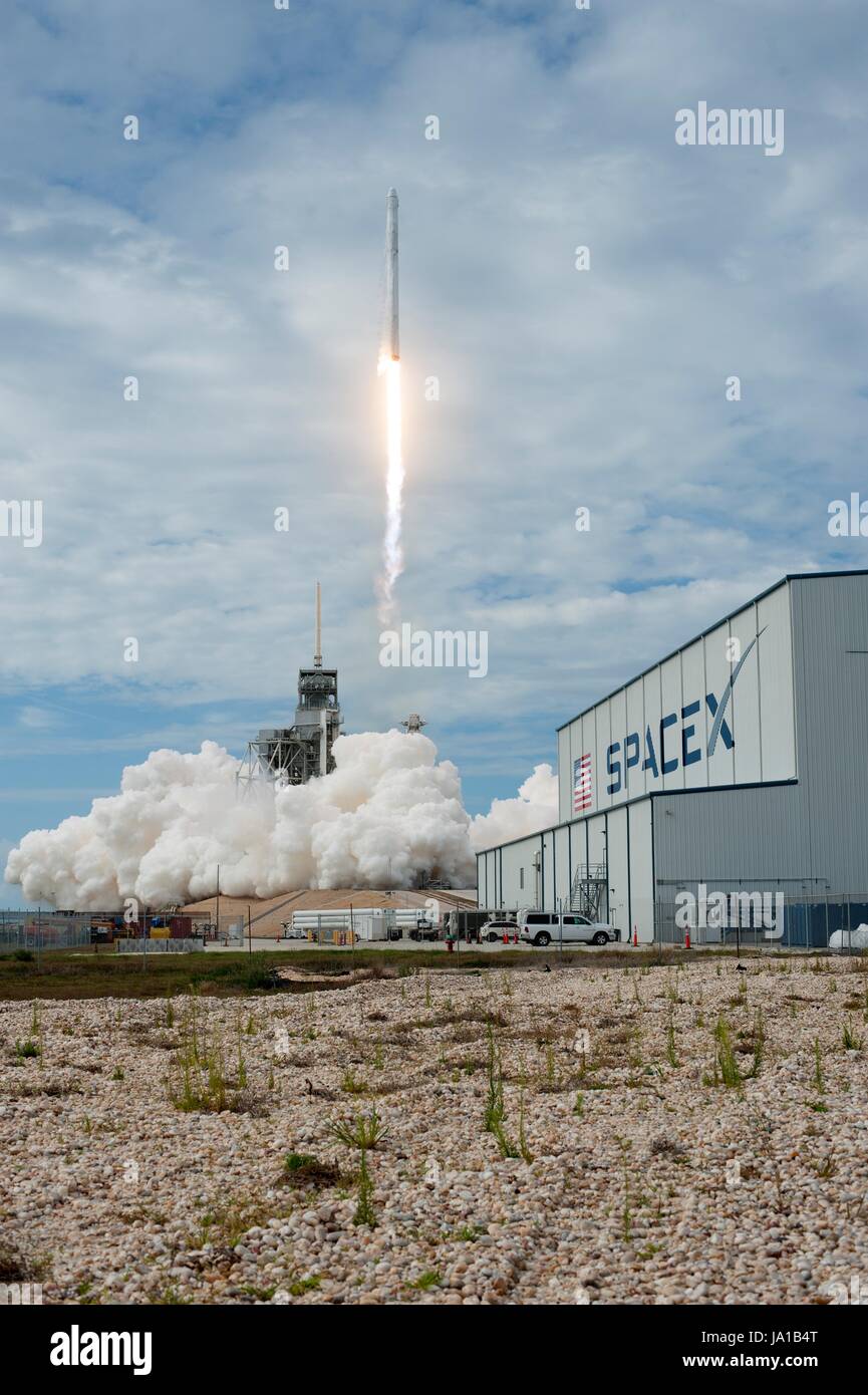 Cap Canaveral, États-Unis d'Amérique. 06Th Juin, 2017. Le SpaceX Falcon 9 fusée avec le dragon spacecraft décolle à bord du complexe de lancement 39A au Centre spatial Kennedy le 3 juin 2017 au Cap Canaveral, en Floride. Dragon est transportant près de 6 000 livres de la science, de la recherche et des fournitures de l'équipage du matériel à la Station spatiale internationale. Credit : Planetpix/Alamy Live News Banque D'Images