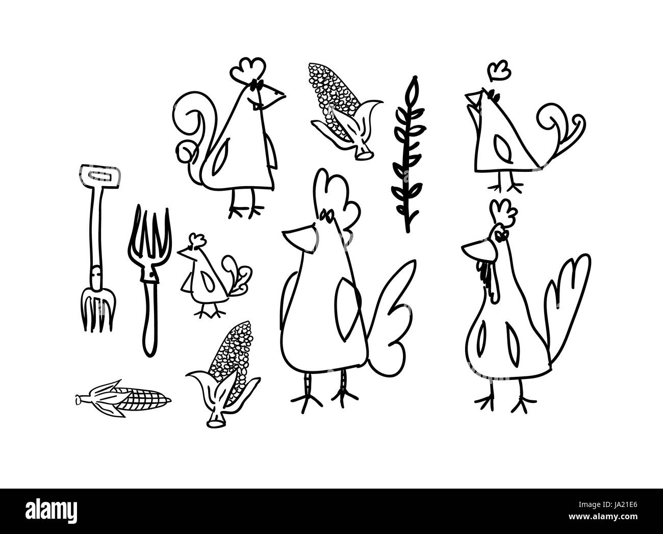 Illustration, maïs, poulet, collection, Hen, naïve, des poulettes, set, cartoon, Banque D'Images