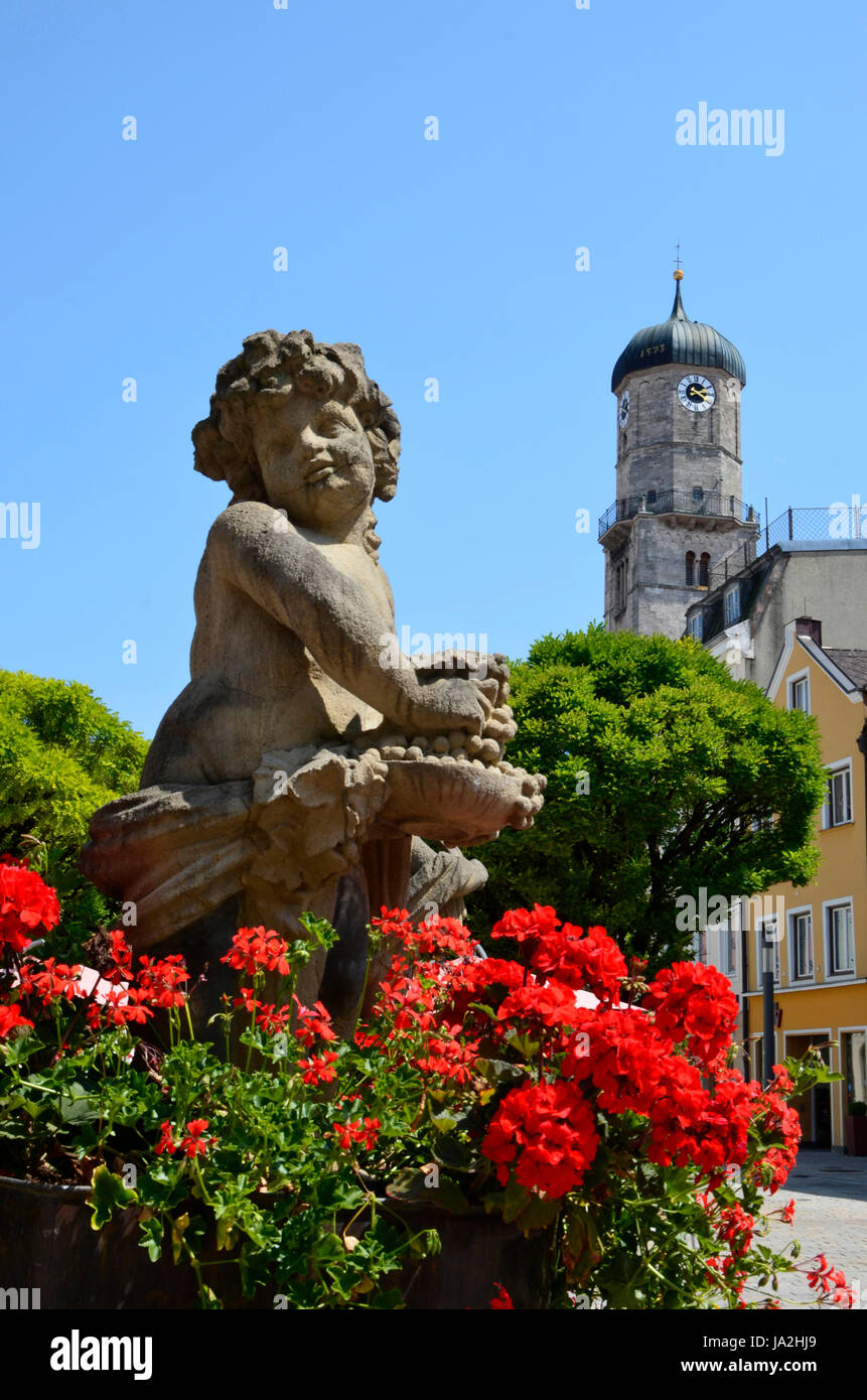 Sculpture, fleur, fleurs, plantes, vieille ville, fontaine, église paroissiale, maison, Banque D'Images