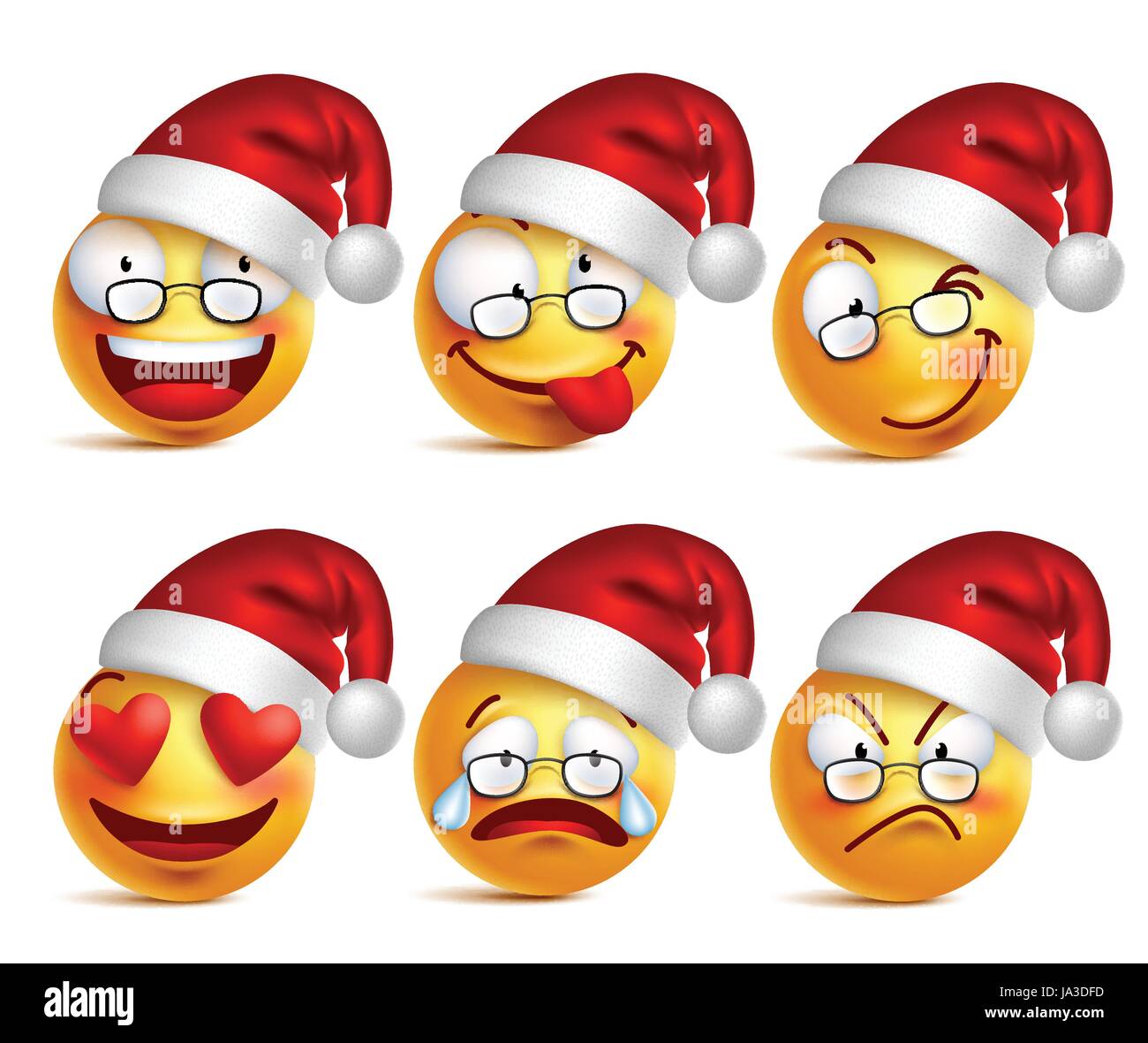 Vector Set de smileys émoticônes jaune du Père Noël avec des