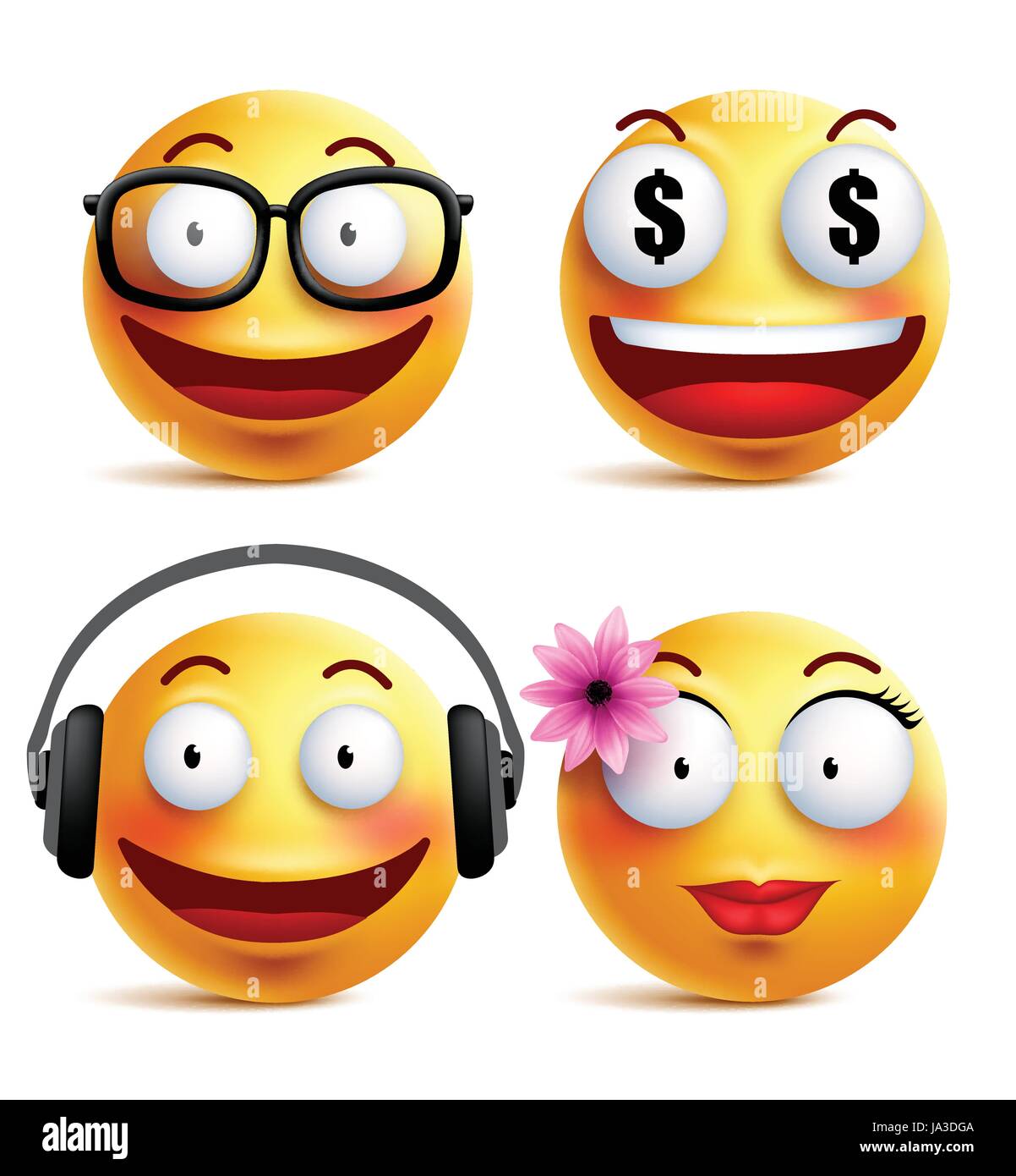 Vector jaune Emoji émoticônes ou smileys collection avec les émotions en brillant drôle isolé en fond blanc. Vector illustration Illustration de Vecteur