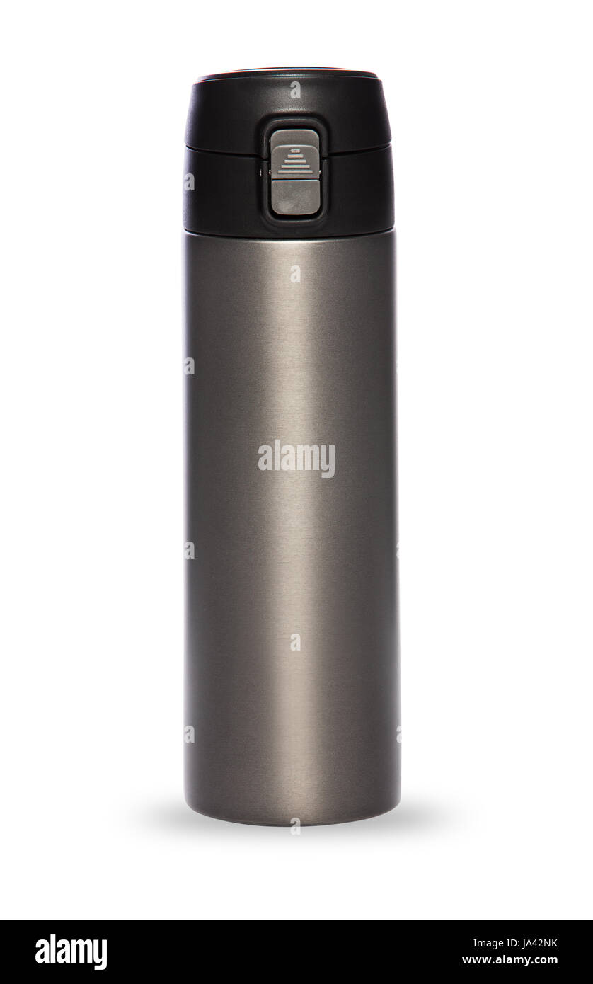 Collection thermos gris isolé sur fond blanc Banque D'Images