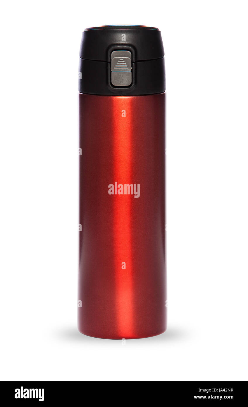 Collection thermos rouge isolé sur fond blanc Banque D'Images