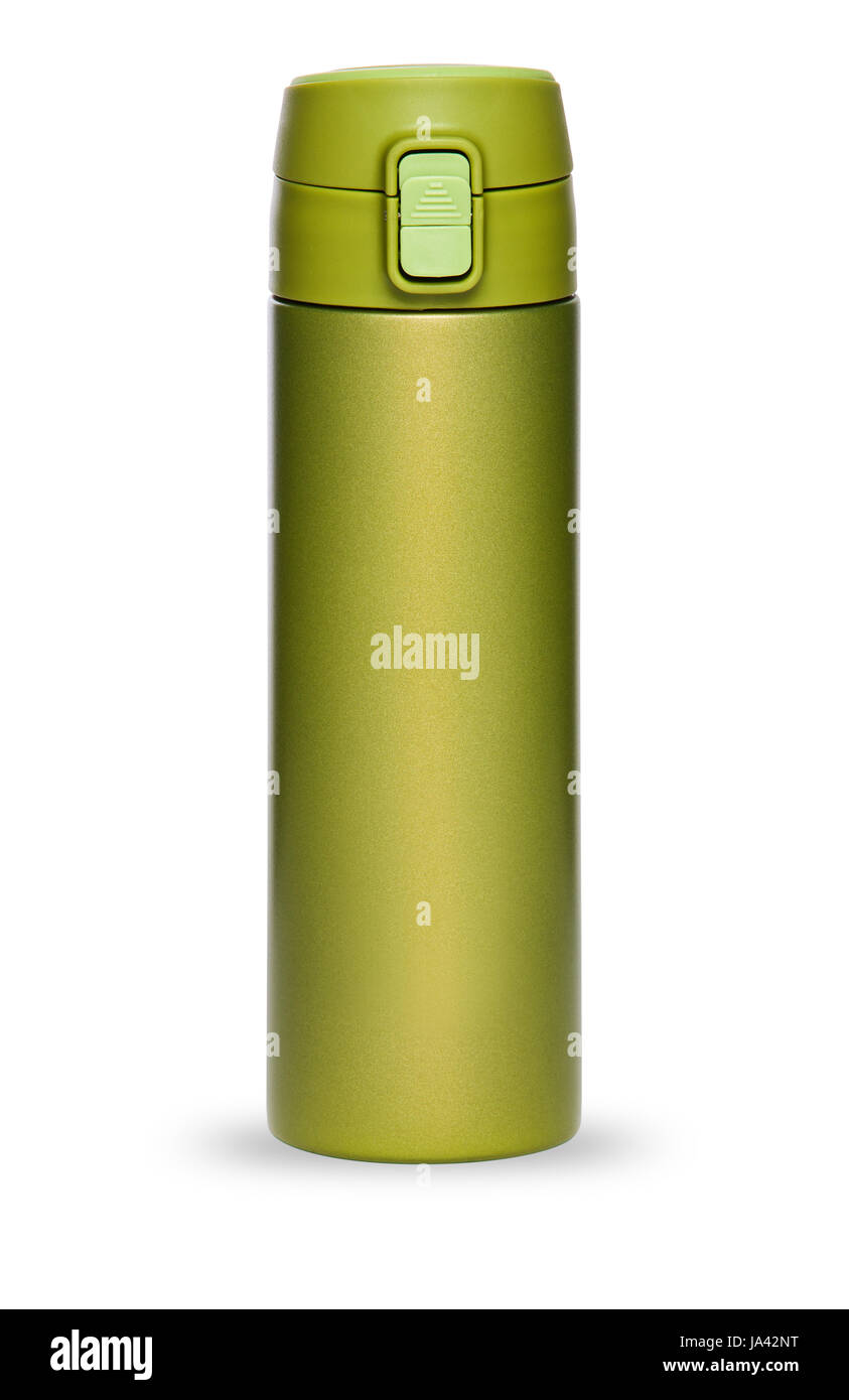 Collection thermos vert isolé sur fond blanc Banque D'Images