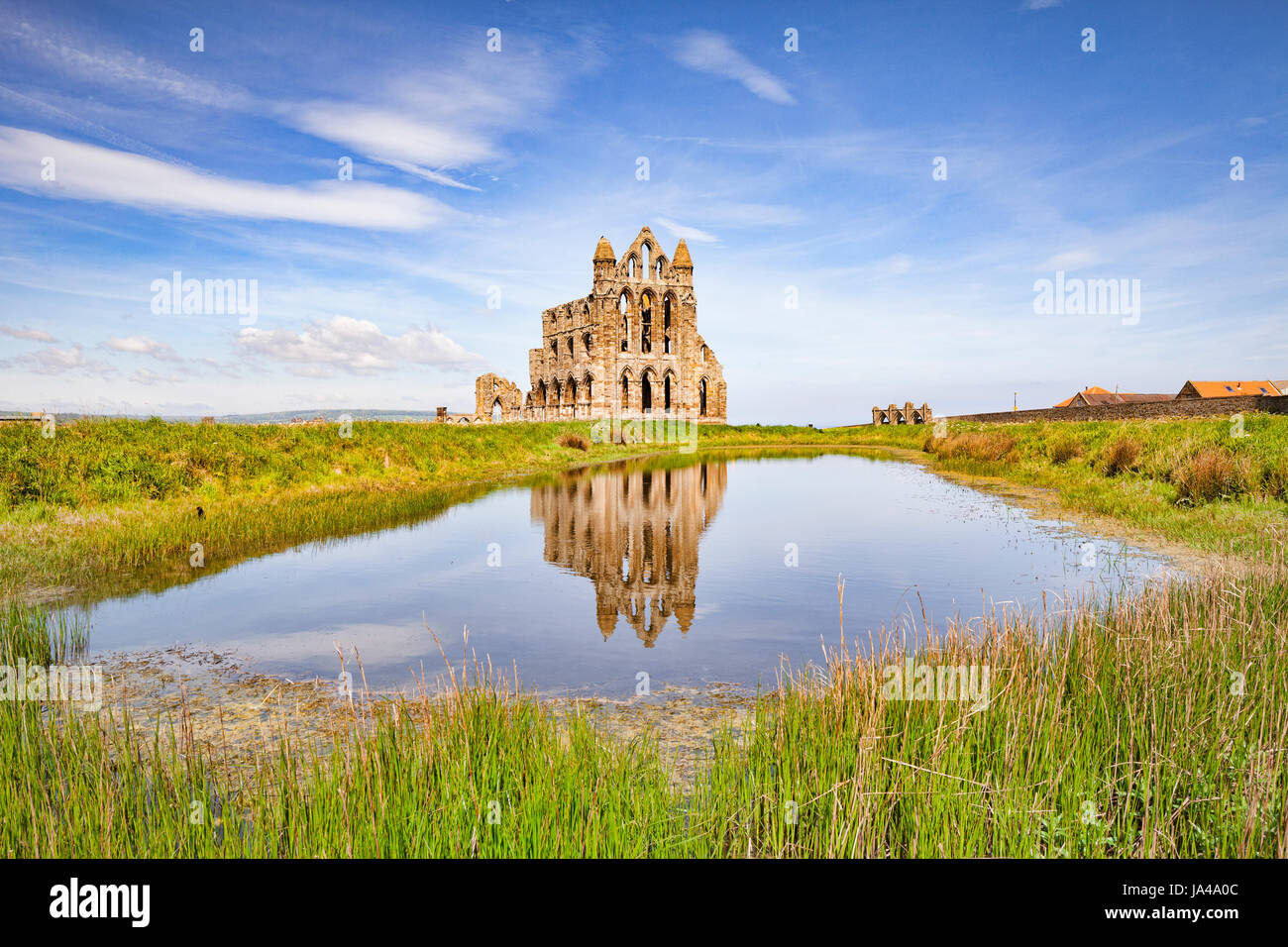 L'Abbaye de Whitby, Whitby, North Yorkshire, reflétée dans une piscine. Banque D'Images