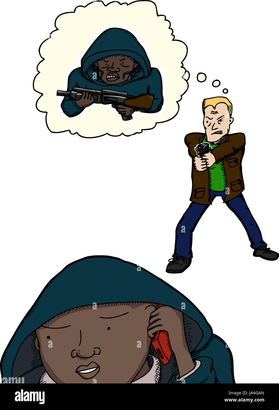 Noir, de teint basané, jetblack, deep black, arabes, africains, de l'anxiété, peur, cartoon, Banque D'Images