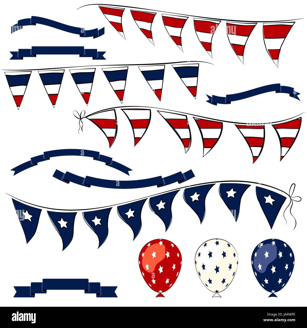 4 juillet décorations éléments du vecteur. Date de l'indépendance pennant banner, des ballons et des rubans fixés Illustration de Vecteur