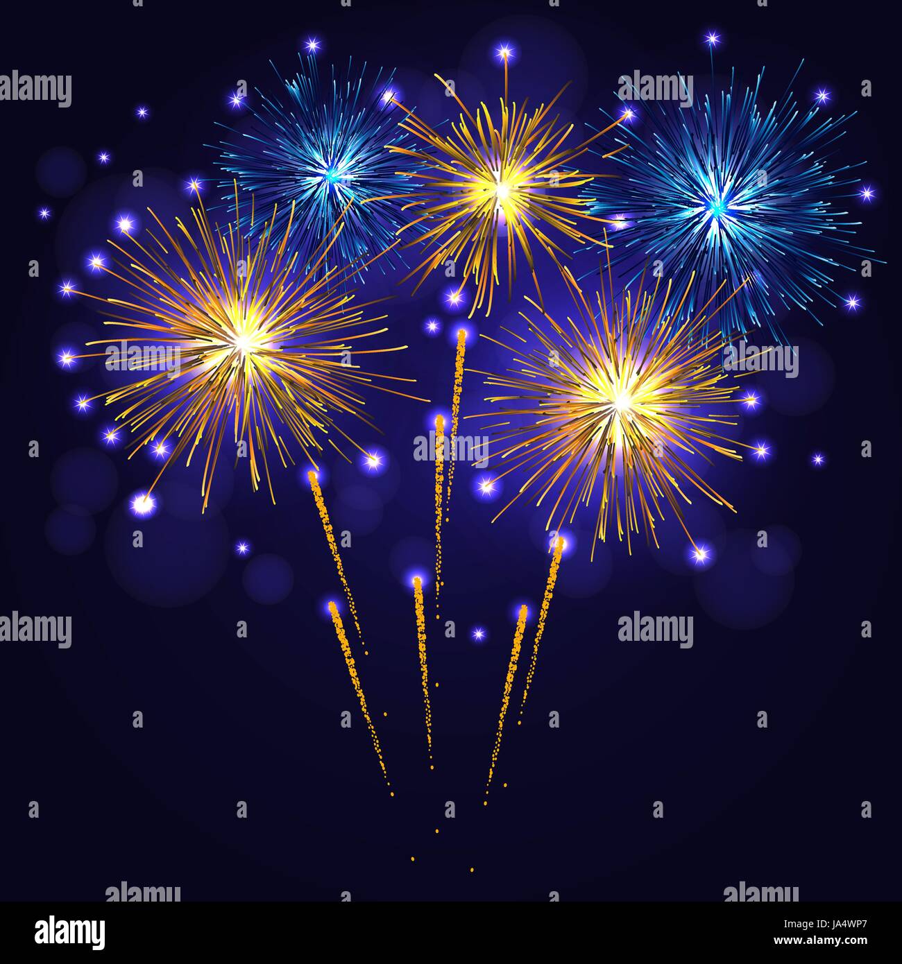 Bleu Jaune doré d'artifice vecteur plus de ciel nocturne. 4 juillet Jour de l'indépendance, fêtes de fin d'année historique Illustration de Vecteur