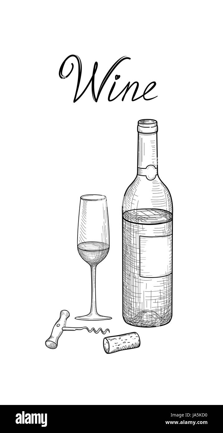 Set de vin. vin verre, bouteille, tire-bouchon, bouchon de vin, vignoble  sketch le lettrage Image Vectorielle Stock - Alamy