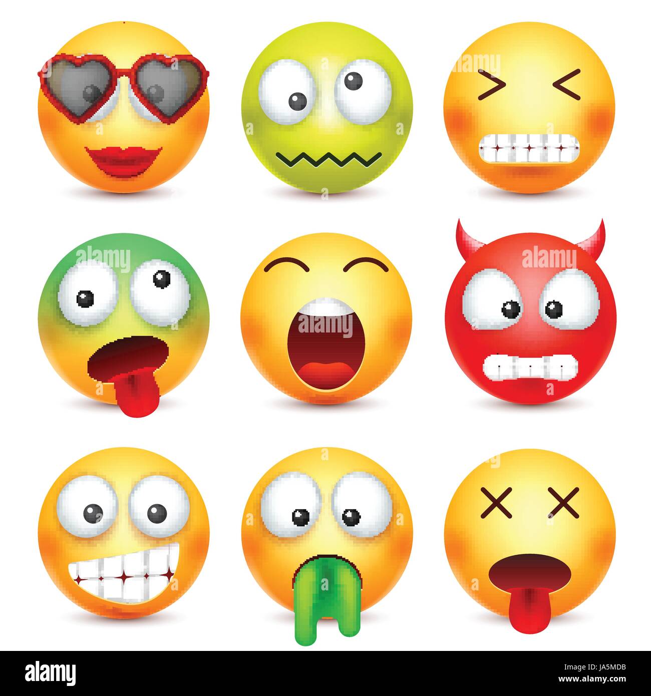Smiley set. Rouge,vert,professionnels,triste,mauvais,fatigué émoticône. Avant jaune avec des émotions. L'expression du visage. Emoji 3D réaliste. Funny cartoon character.l'humeur. L'icône Web. Vector illustration. Illustration de Vecteur