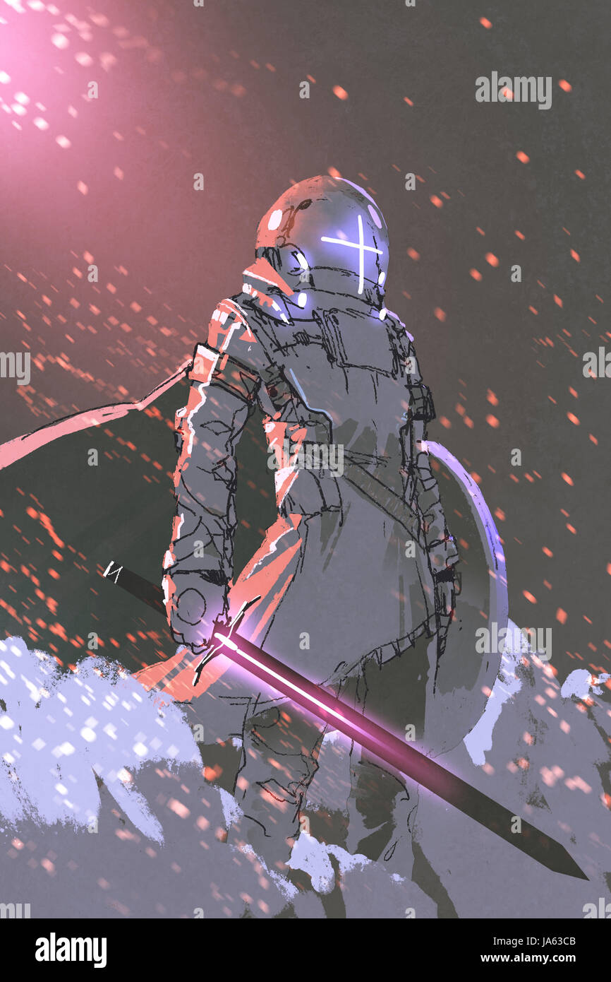 Caractère de science-fiction futuriste de chevalier avec épée et bouclier incandescent, art numérique, peinture style illustration Banque D'Images