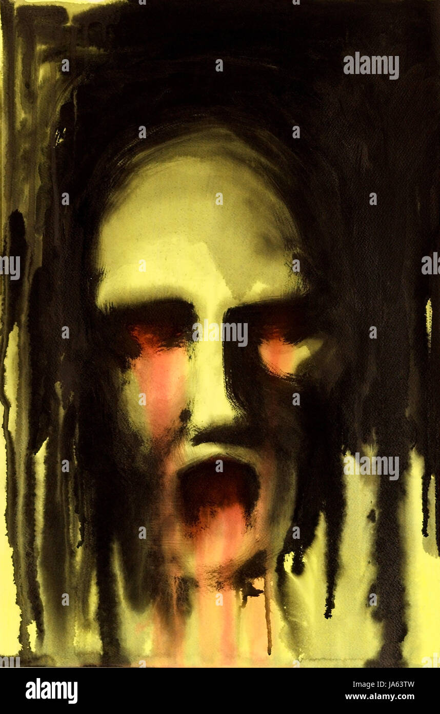 La peinture fait par moi montrant un horrible visage dans bleeeding ambiance jaune Banque D'Images