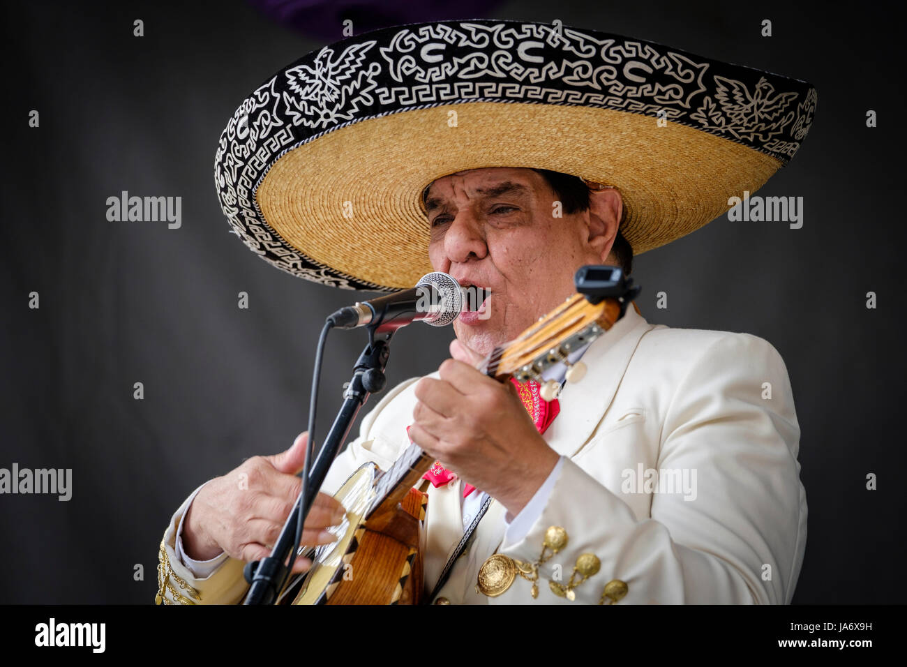 Chanteur mexicain, musicien mariachi, jouant d'une guitare vihuela mexicaine, et chantant à un festival célébrant les sons, la culture et la musique du Mexique, chanteur masculin, interprète, musique traditionnelle mexicaine, interprète mariachi, musique live. Banque D'Images