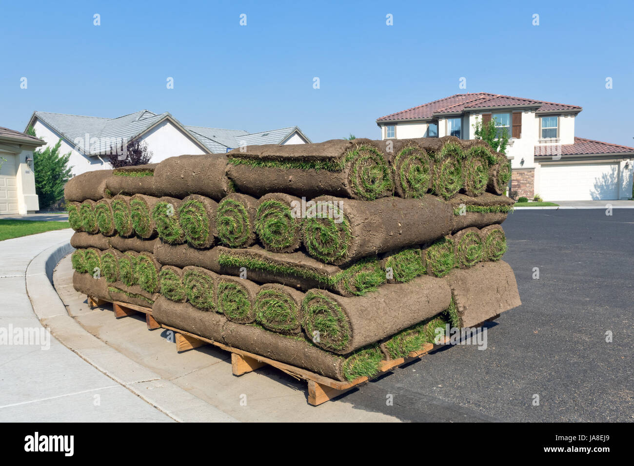 Nouveau, aplatis, sod, rouleaux, prairie, herbe, pelouse, vert, des galets, de l'espace, la masse, Banque D'Images