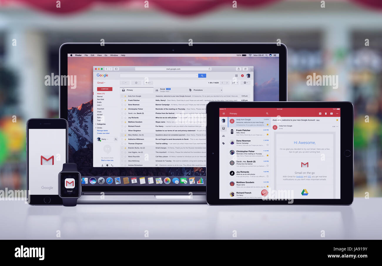 Google Gmail sur l'iPhone d'Apple iPad 7 Apple Pro Watch et Macbook Pro Banque D'Images