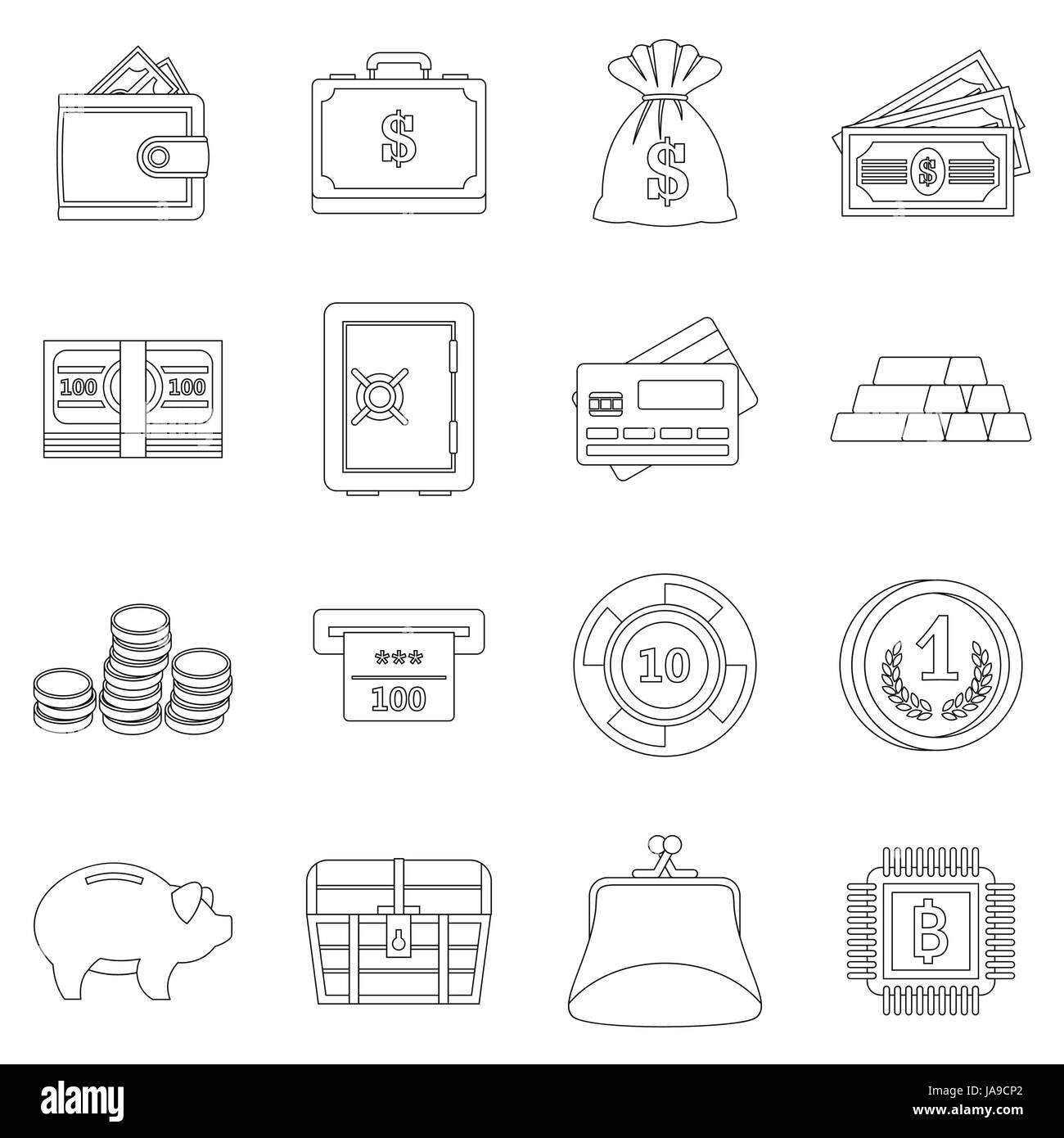 De l'argent différents style du contour, icons set Illustration de Vecteur