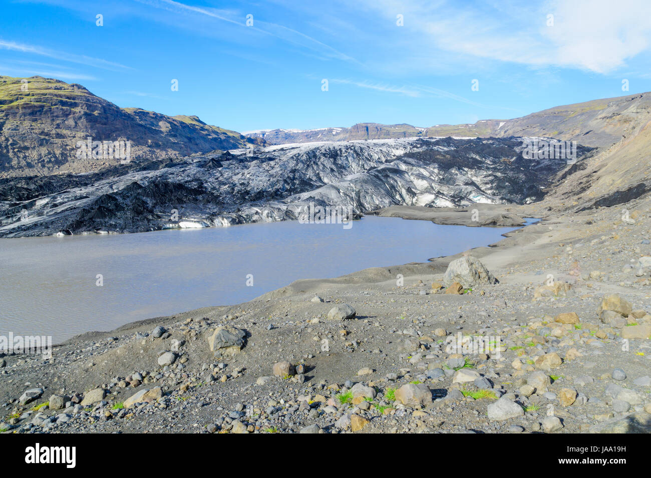 Vue sur le Glacier Solheimajokull, dans le sud de l'Islande Banque D'Images