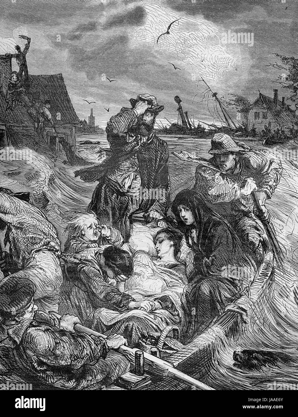 Allemagne,famille de sauvetage tempête à Zingst, gravure du XIX siècle Banque D'Images