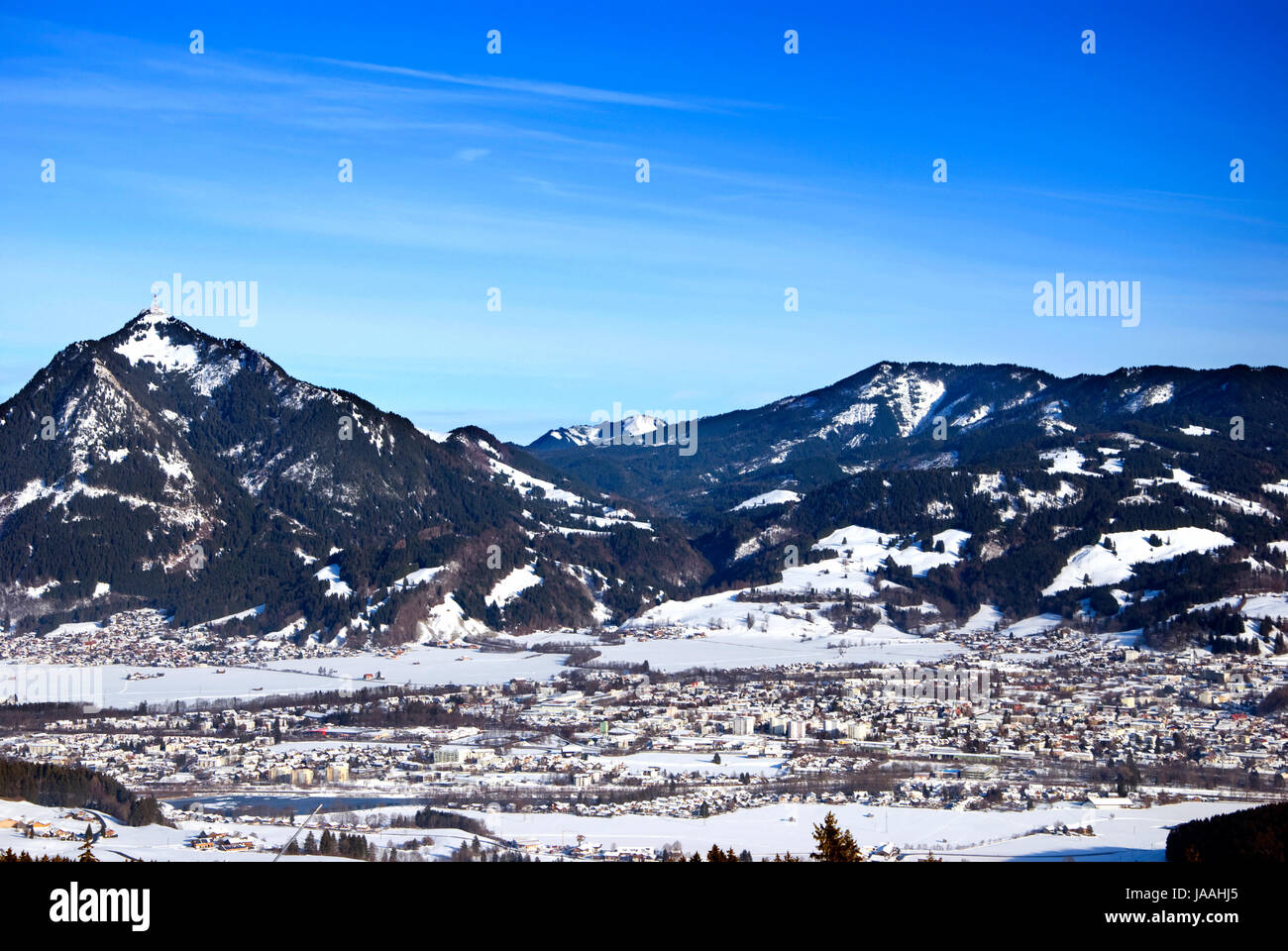 Bleu, maisons, arbre, arbres, montagnes, vacances, vacances, vacances, vacances, Banque D'Images