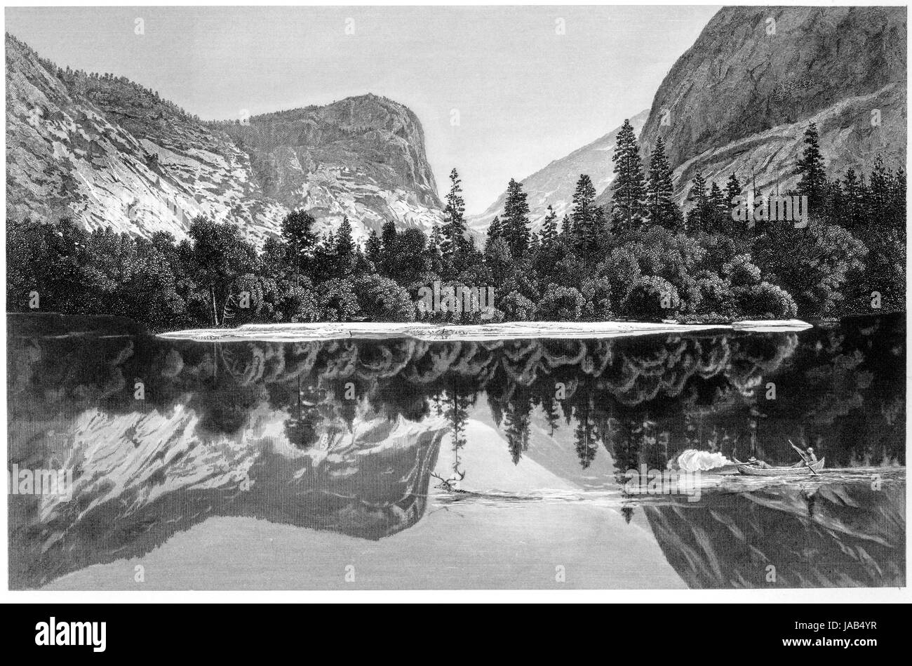 Une gravure de Mirror Lake, vallée de Yosemite numérisées à haute résolution à partir d'un livre imprimé en 1872. Croyait libres de droit. Banque D'Images