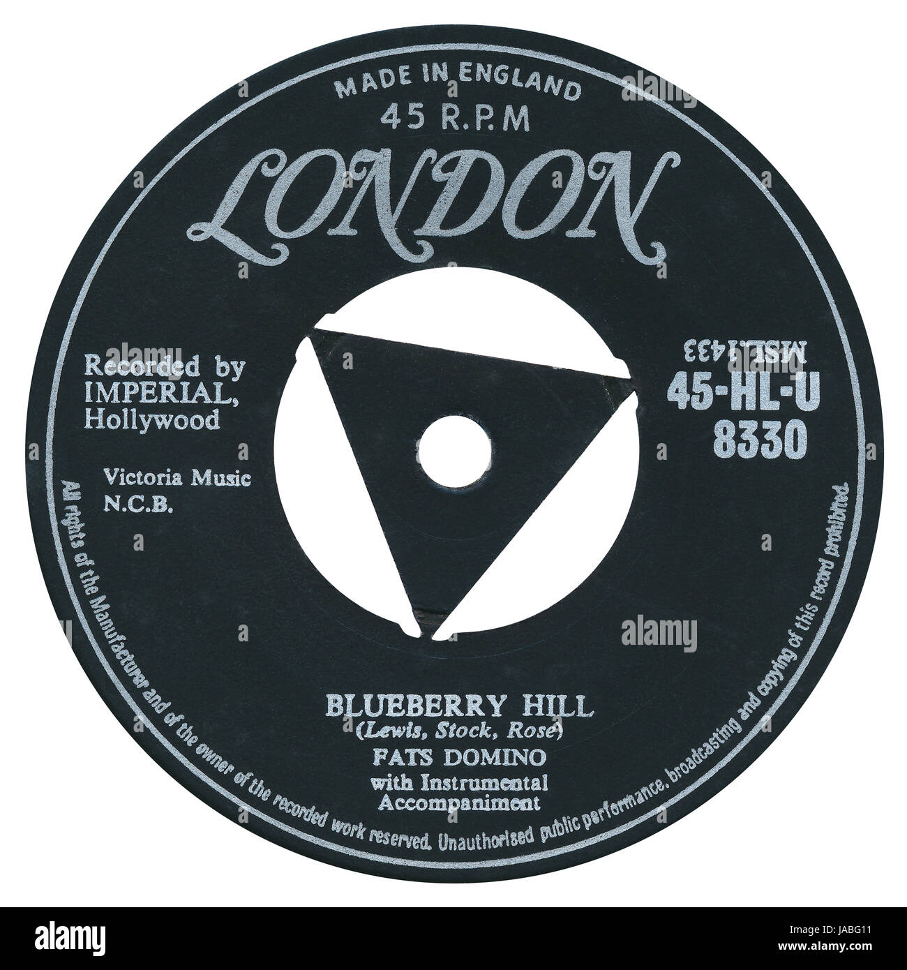 45 TR/MIN 7' UK record label de Blueberry Hill par Fats Domino sur l'étiquette de Londres à partir de 1956. Banque D'Images