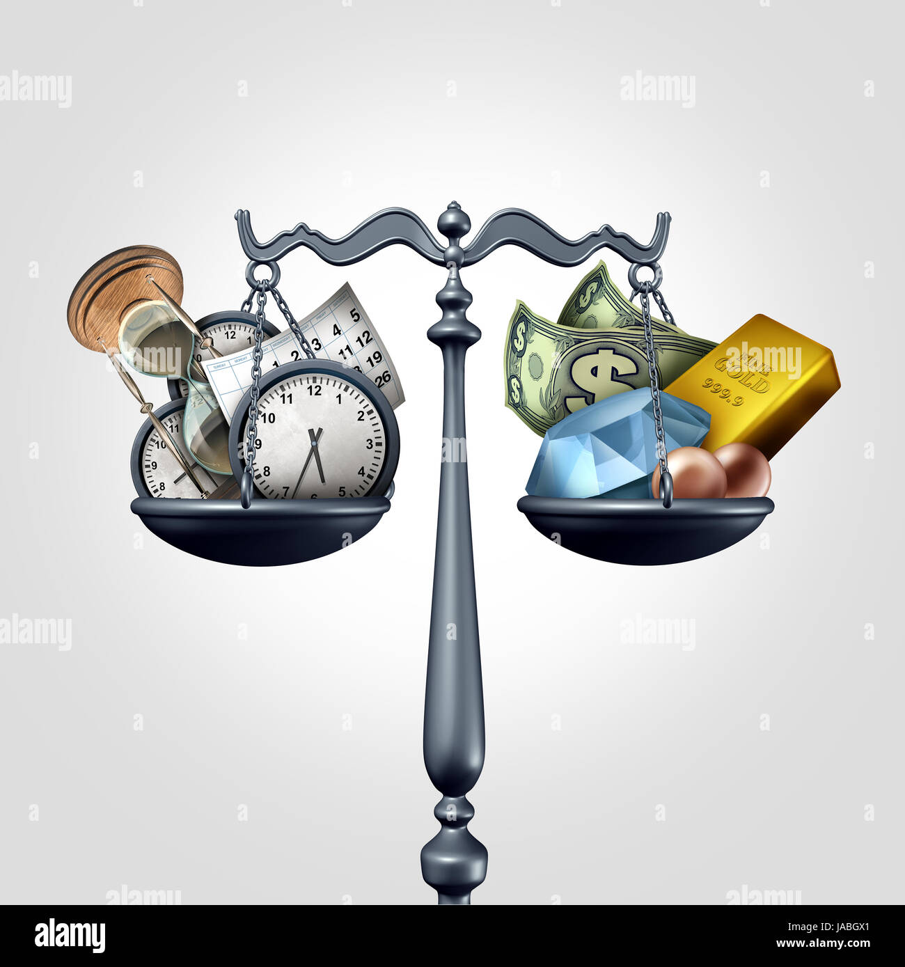 Du temps et de l'argent comme un concept d'affaires sous la forme d'une échelle dont l'horloge et calendrier objets hourglass par rapport à la richesse comme monnaie d'or et diamants perles. Banque D'Images