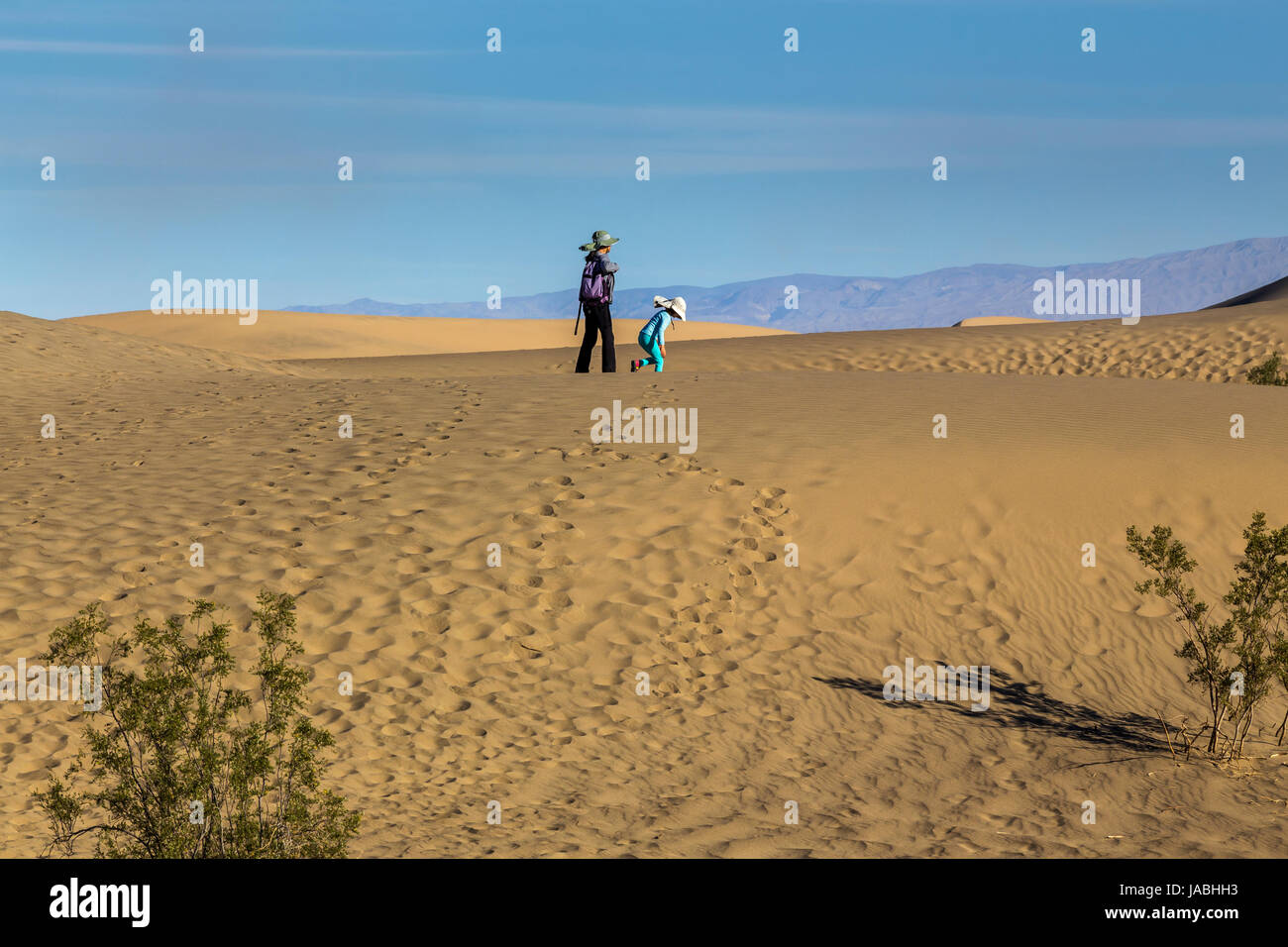 Les gens, touristes, randonneurs, randonnées, Mesquite Flat dunes de sable, Death Valley National Park, Death Valley, Californie Banque D'Images