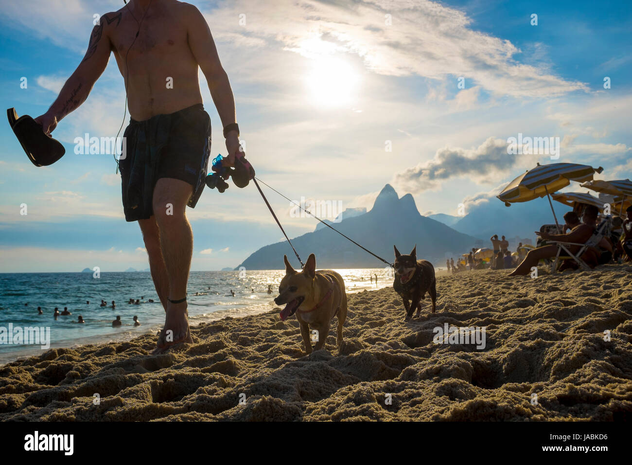 RIO DE JANEIRO - le 7 février 2017 : man walking avec deux petits chiens sur la plage d'Ipanema avec le coucher du soleil derrière la montagne Deux Frères. Banque D'Images