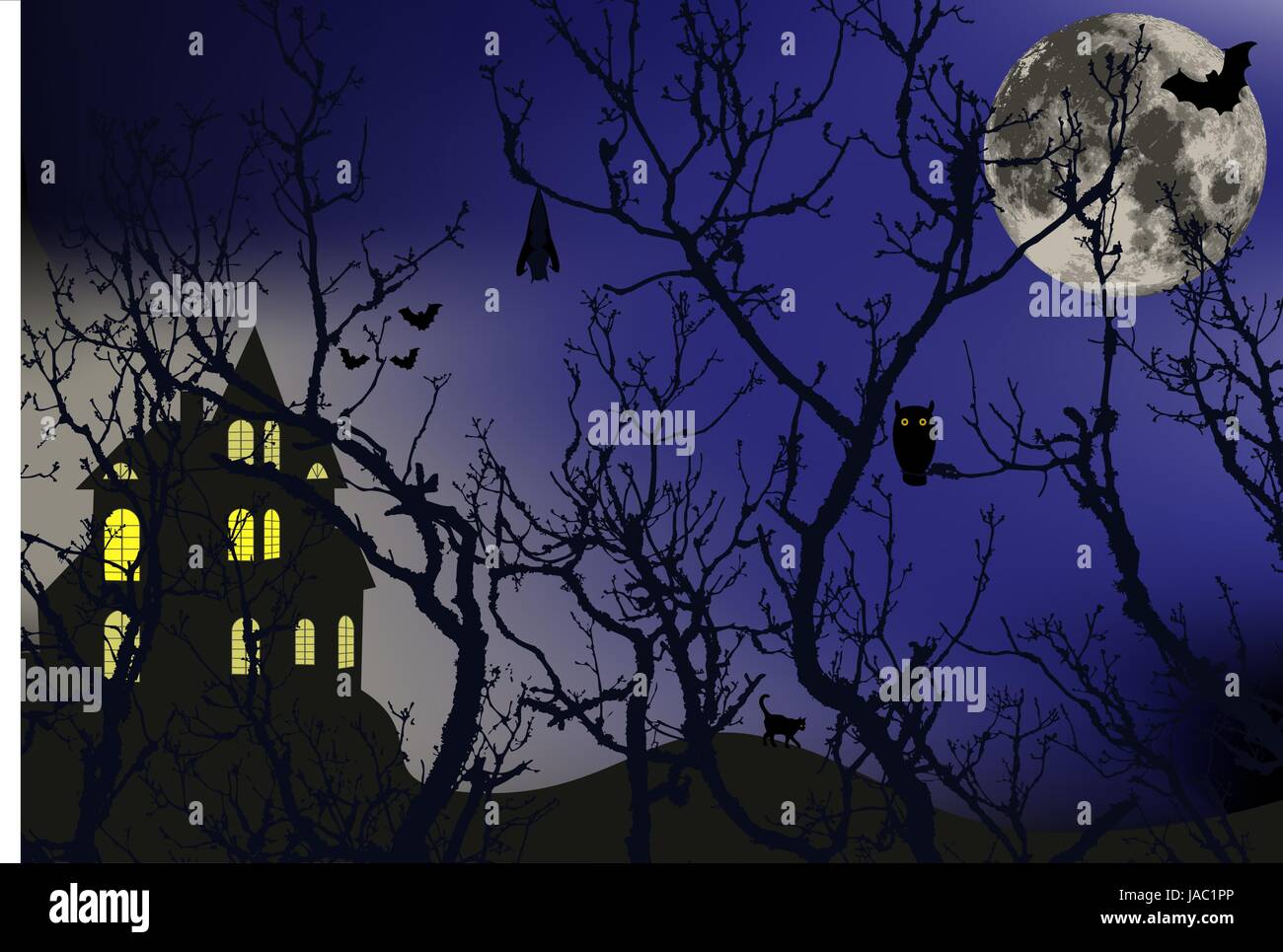 Forêt enchantée avec des animaux qui se cachent et d'une grande lune derrière les branches d'arbres, vector illustration Illustration de Vecteur