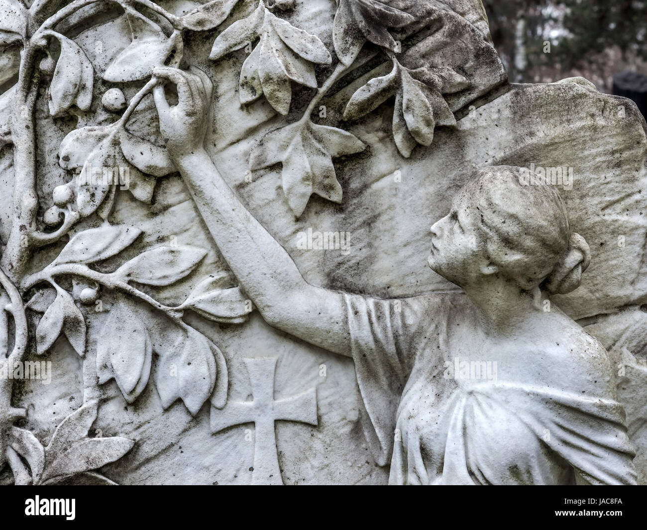 Sur une pierre tombale cimetière avec Engel dans un arbre fruitier picks, veilleur auf einem Friedhof der Engel mit einem Baum une pflückt Obst Banque D'Images