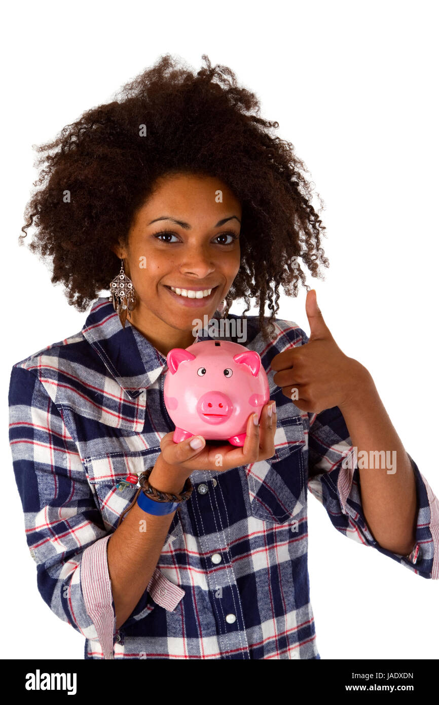 Junge Frau mit auf weissem Hintergrund Spardose freigestellt Banque D'Images