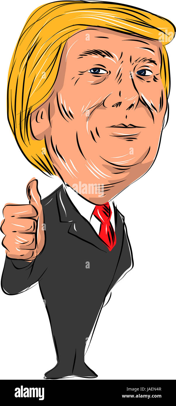 Illustration de l'homme politique républicain et le président américain Donald John Trump Thumbs up isolées sur fond blanc fait dans un style de dessin animé. Banque D'Images