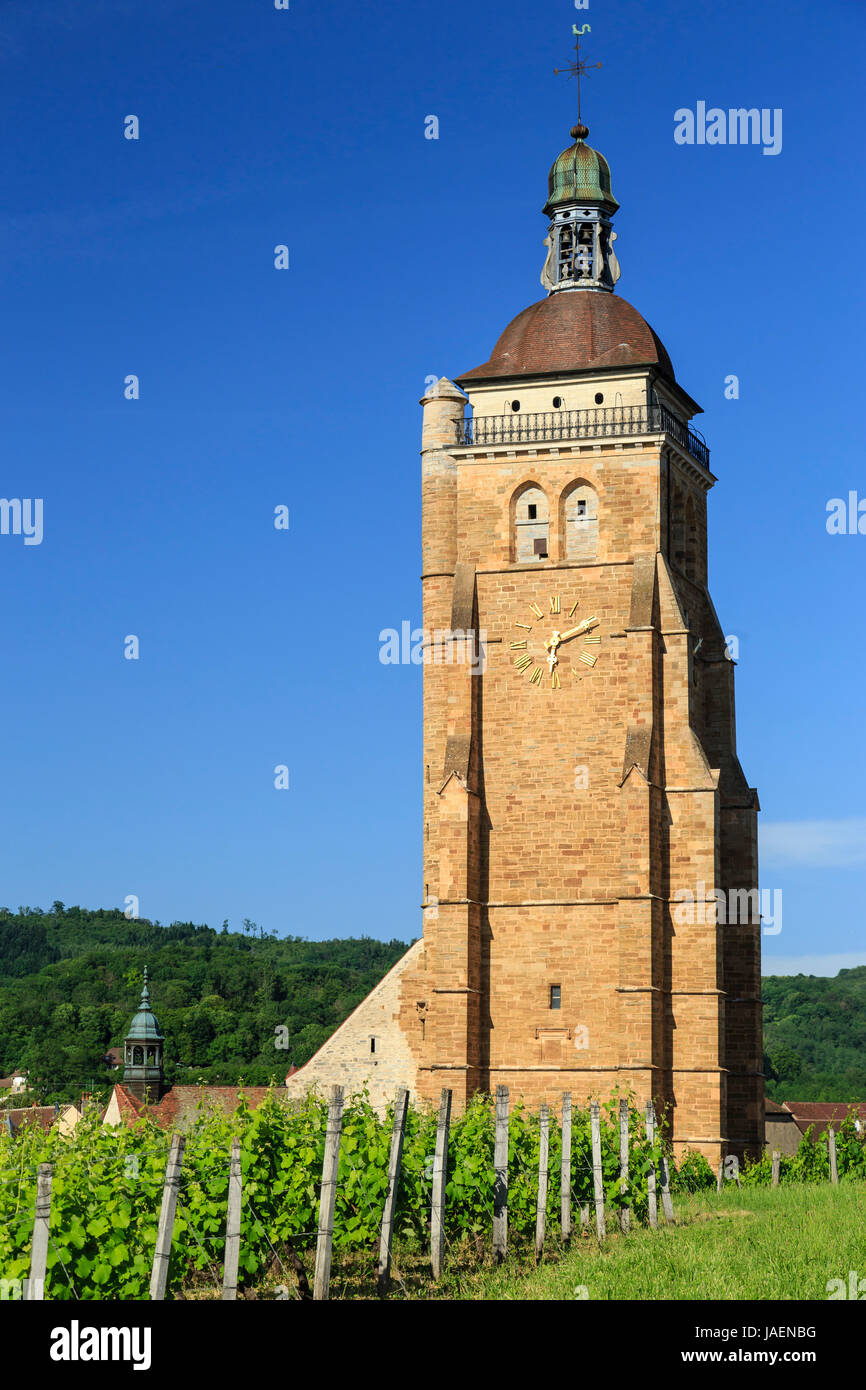 France, Jura, Arbois, tour de l'église Saint Just et le vignoble Banque D'Images