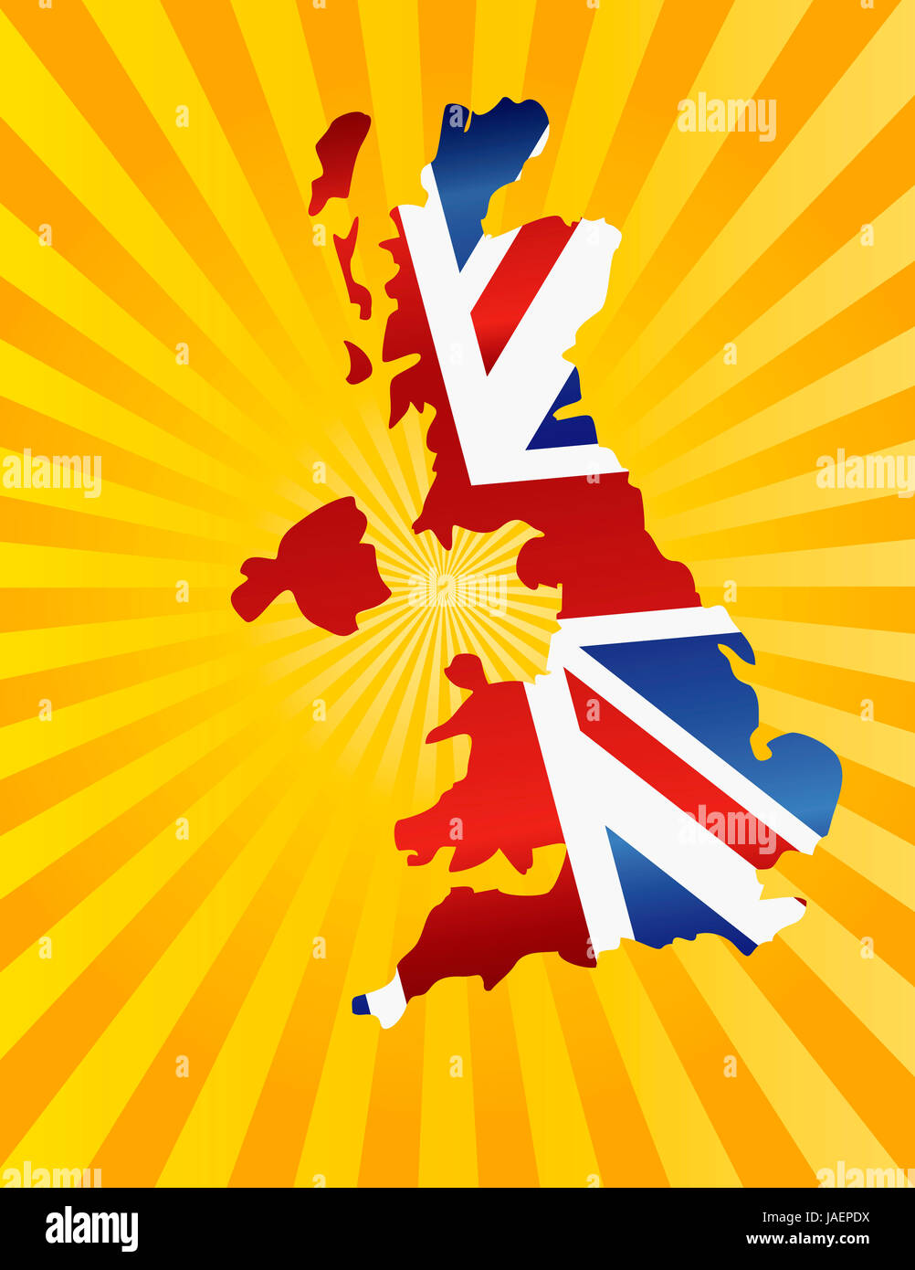 Angleterre Union Jack Flag dans la carte Silhouette aux rayons du soleil Illustration d'arrière-plan Banque D'Images