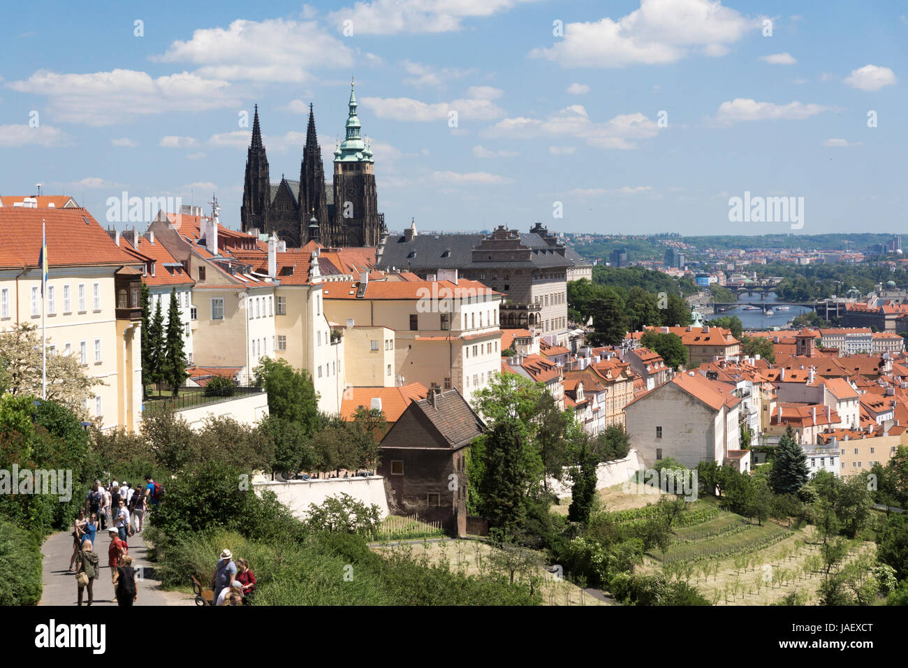La vue sur la cathédrale Saint Vitus, la colline de Petrin et la rivière Vltava à Prague Banque D'Images