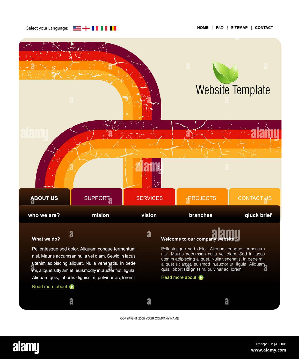 Modèle de site web, facile à utiliser dans Adobe Photoshop, Flash ou Illustrator à l'exporter au format HTML, il suffit de modifier ou remplacer le texte et ajouter vos sous-pages. Banque D'Images