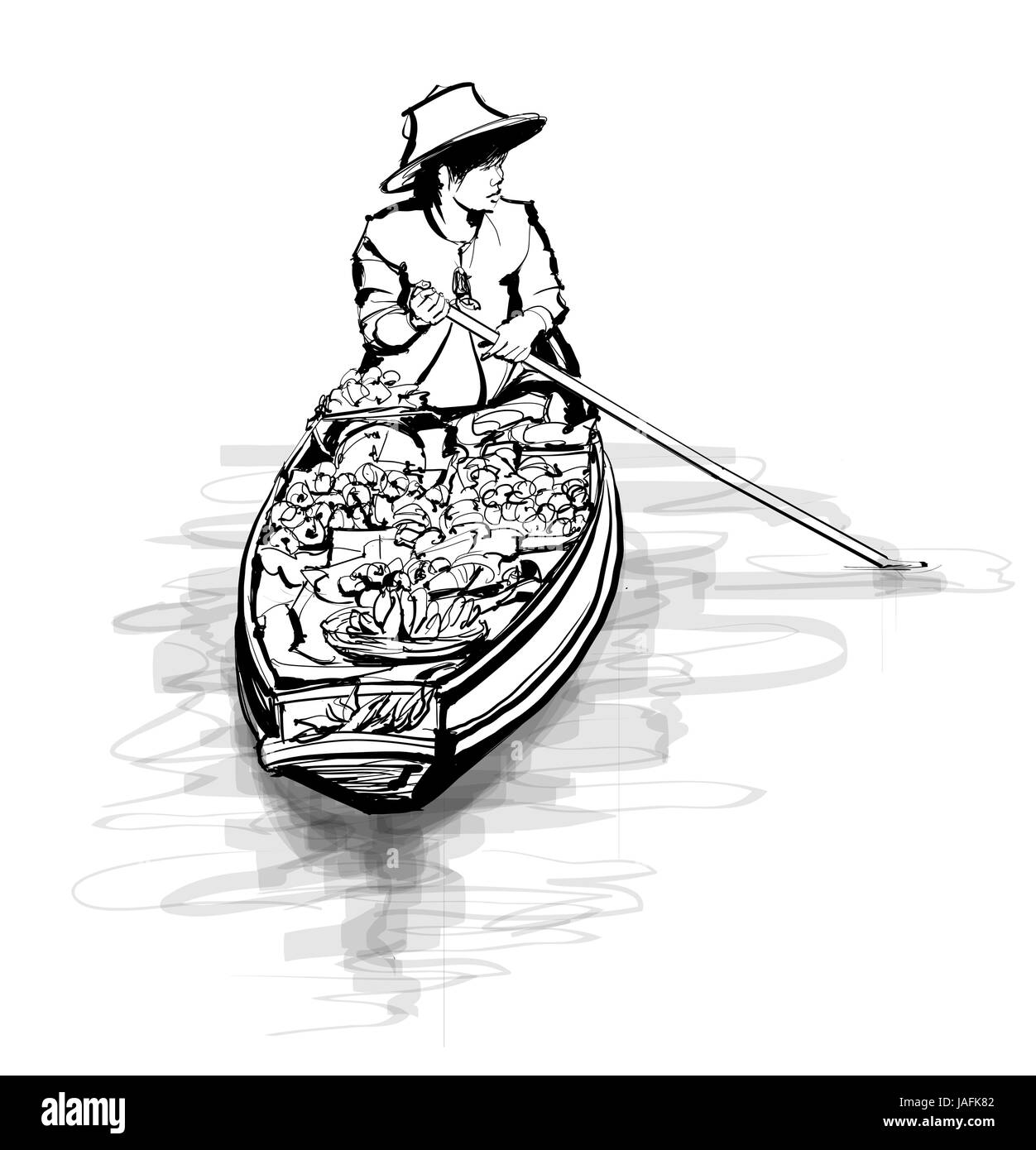 Bateau dans un marché flottant en Thaïlande - vector illustration Illustration de Vecteur