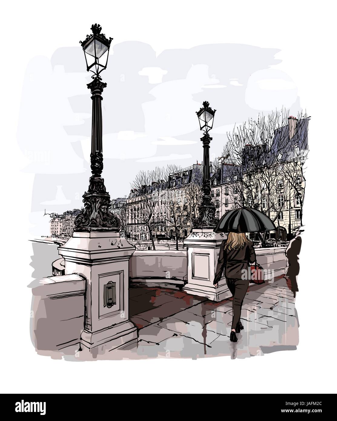 France - Paris, le Pont Neuf sous la pluie - vector illustration Illustration de Vecteur