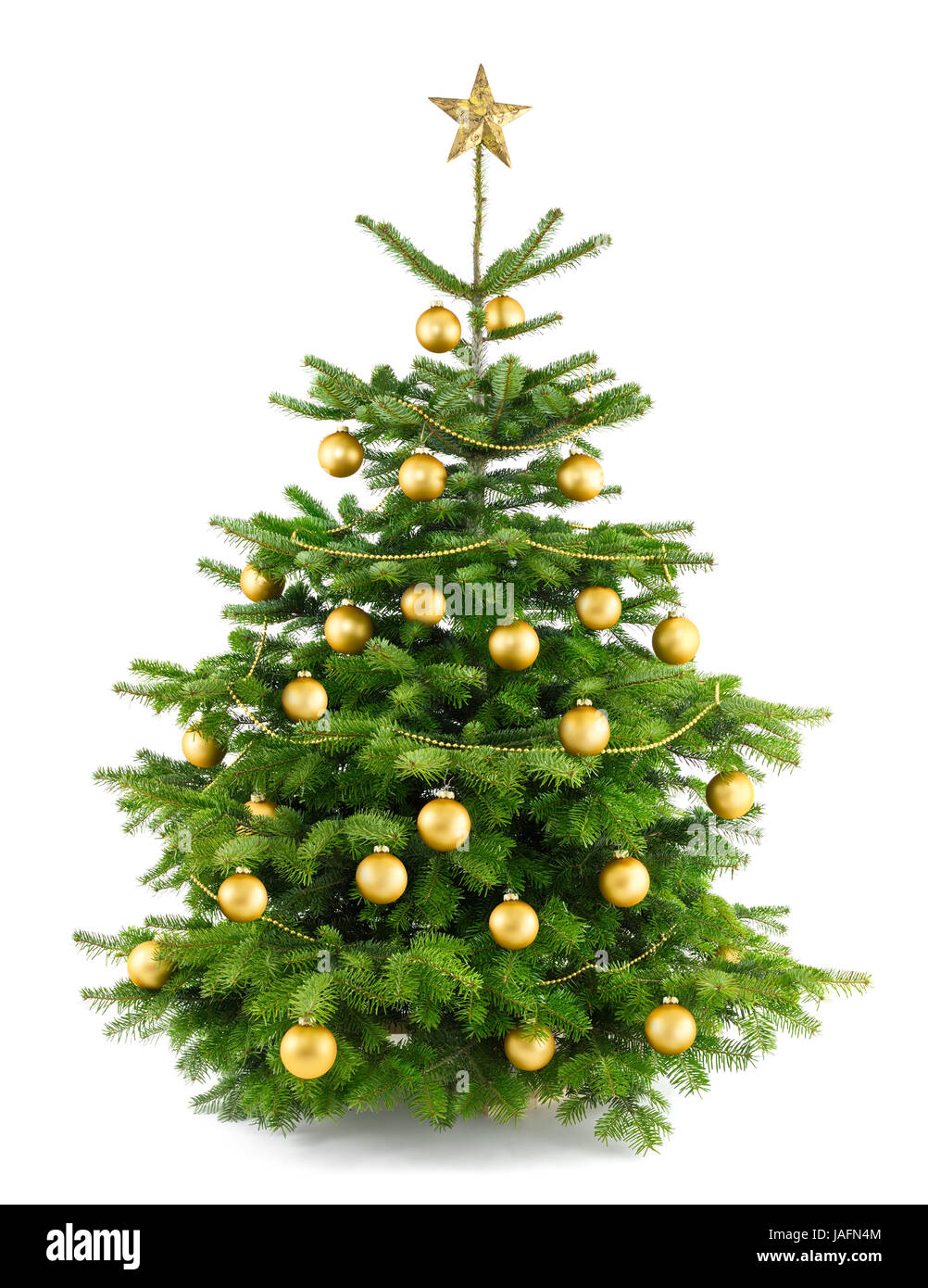 Von geschmücktem Studioaufnahme golden Weihnachtsbaum auf weiß Banque D'Images