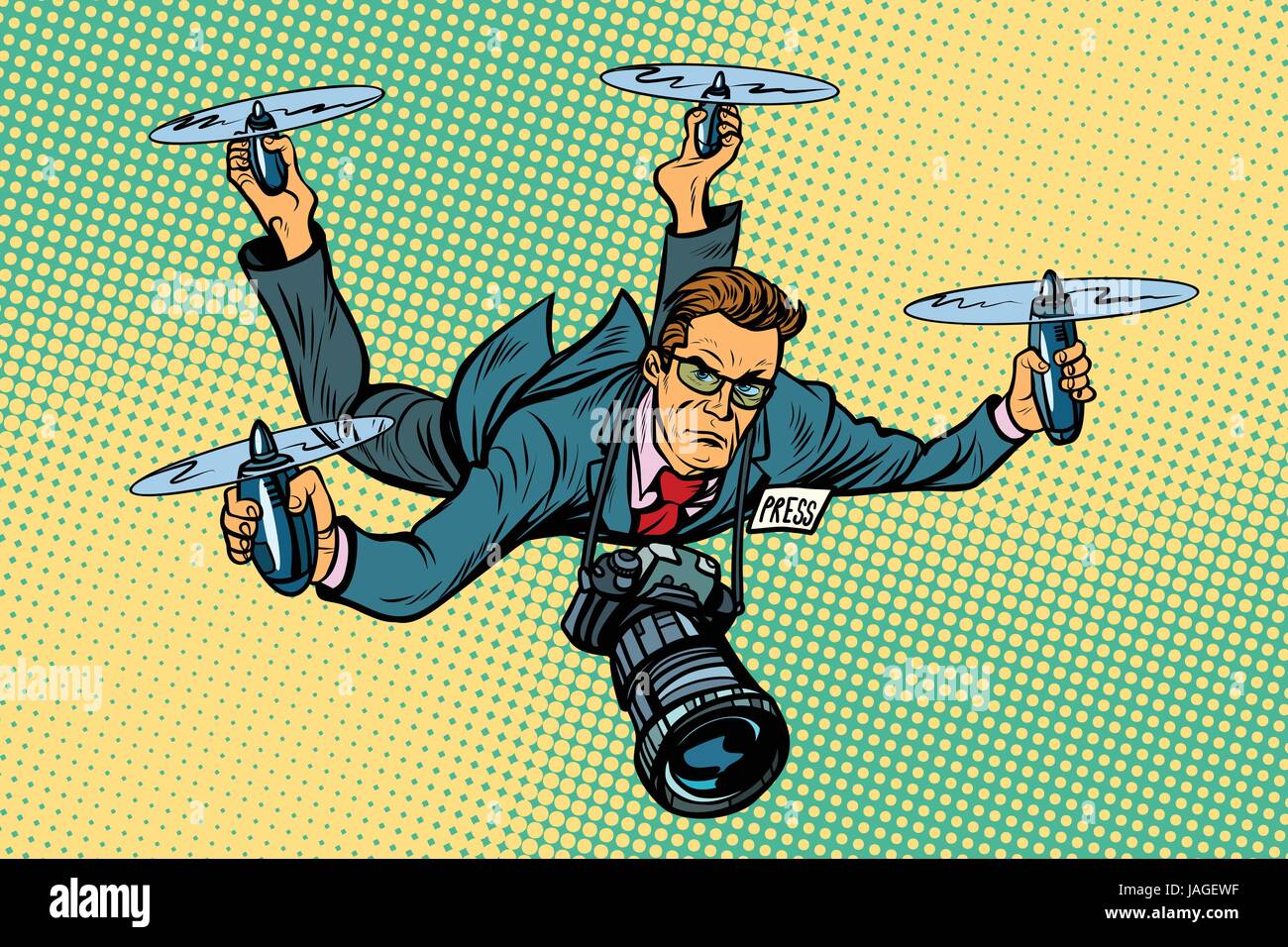 Drone quadcopter journaliste people photographe paparazzi. blogger. Pop art retro vector illustration Illustration de Vecteur