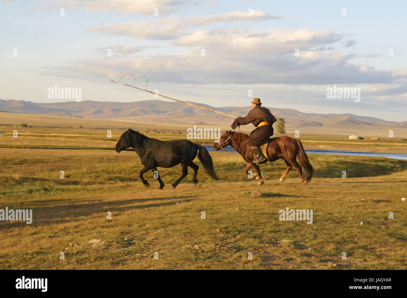 La Mongolie, l'Asie centrale, la province Arkhangai,nomad,homme pièges cheval avec l'Urga, Banque D'Images